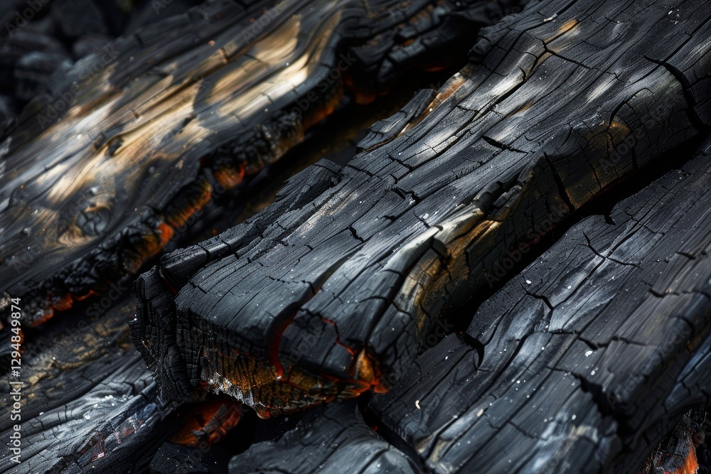 Aufkleber close-up of charred wooden beams after a fire, showing the deep cracks and blackened surface, charre