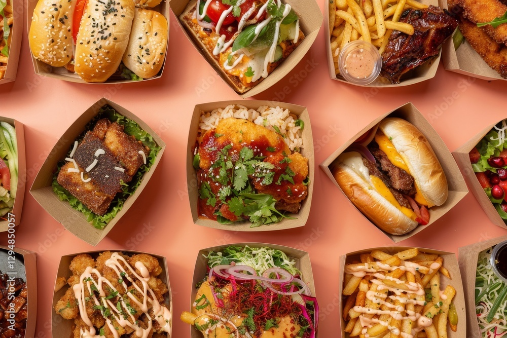 Poster closeup shots of assorted food items in takeaway containers, a series of close-up shots showcasing t