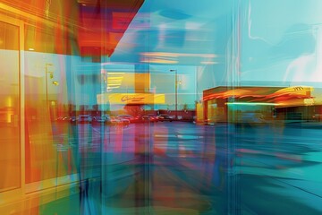 An abstract interpretation of a fast food drive-thru at dusk, featuring a vibrant color palette and a sense of motion, An abstract interpretation of a fast food drive-thru window