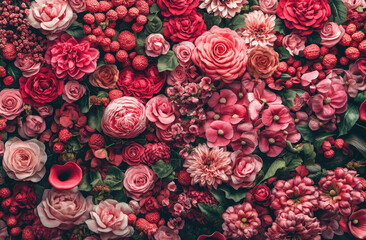 A vibrant arrangement of various red and pink flowers, showcasing nature's beauty.
