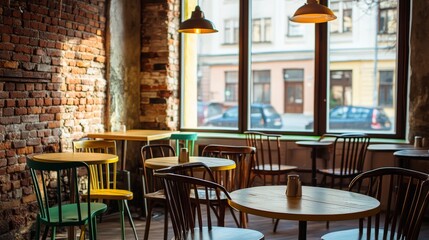 Obraz premium Inviting interior of a charming caf, with rustic brick wall and warm lighting