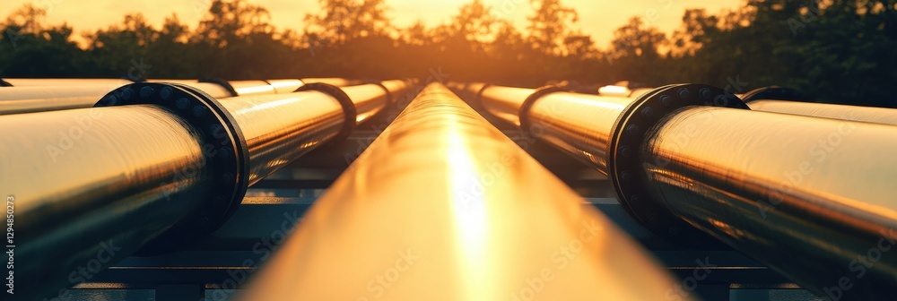 Fototapete long pipelines extending into the distance under a warm sunset glow showcasing industrial design and