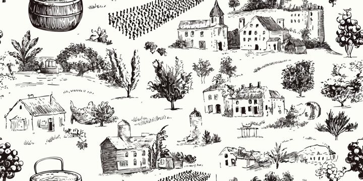 Seamless vintage vineyard vector pattern with hand-drawn wine landscapes, grapevines, barrels, rustic architecture. Elegant winery themed background for packaging, restaurant branding, menus, textiles
