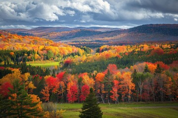 Fototapeta premium A picturesque landscape with a vibrant display of fall colors in a hillside forest, Capture the vibrant colors of fall foliage in a scenic landscape