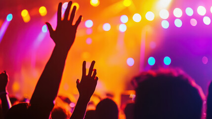 summer concerts stage fans, Vibrant hands raised at summer concert with colorful lights shining