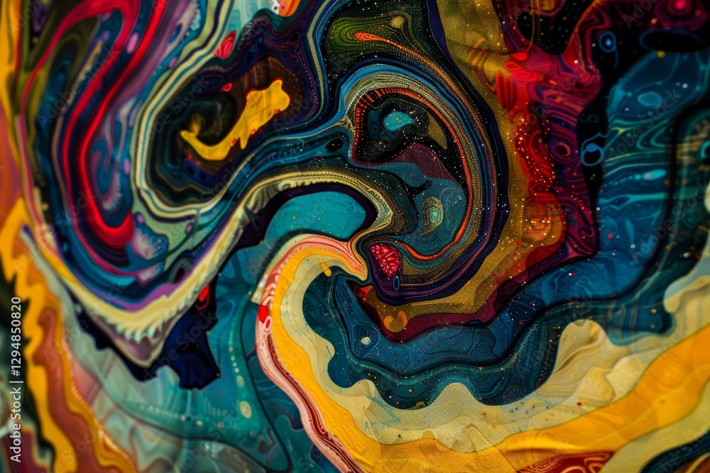 Poster a close-up view of an abstract painting with swirling colors of blue, yellow, and red, a psychedelic