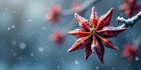 Dense clusters of star anise berries resemble a frosty mist, texture, cold, winter