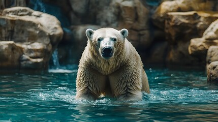 Polar bear wading through blue waters framed by rugged rocks. Powerful Arctic resilience and beauty of these incredible marine mammals