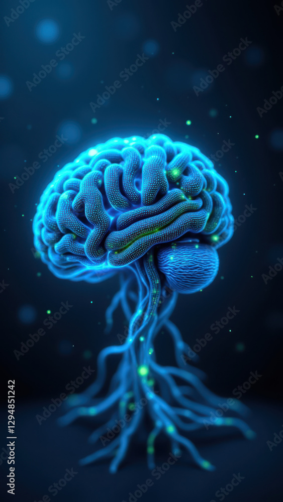 Poster a digital representation of an artificial general intelligence brain with roots on a dark background