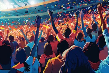 An illustration depicts a crowd of excited fans cheering on Topaz at a stadium event, Illustrate a crowd of enthusiastic fans cheering on their favorite teams in a packed stadium