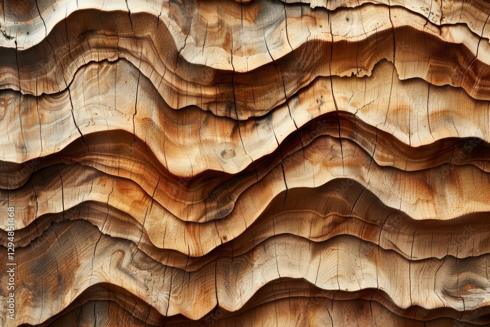 Aufkleber close-up of a wooden surface with intricate carvings creating wavy, layered patterns, adding depth a