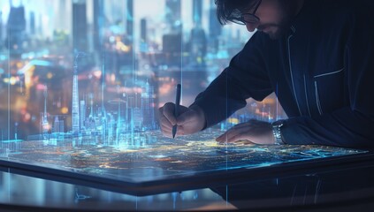 Futuristic Architect Designing Cityscape on Interactive Tablet