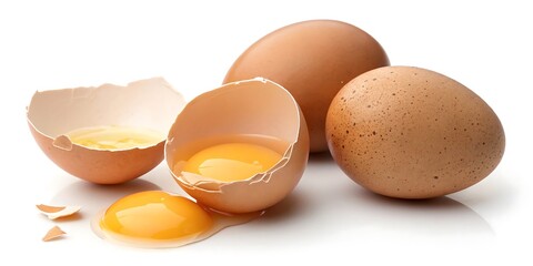 Whole Brown Eggs and Broken Egg – Isolated on a White Background