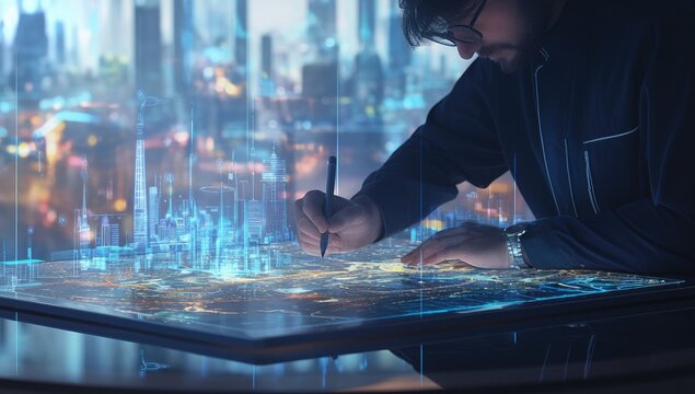 Futuristic Architect Designing Cityscape on Interactive Tablet - Powered by Adobe