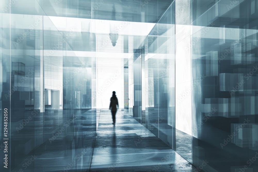 Poster a single person walks down a long corridor made of translucent glass panels, translucent layers crea
