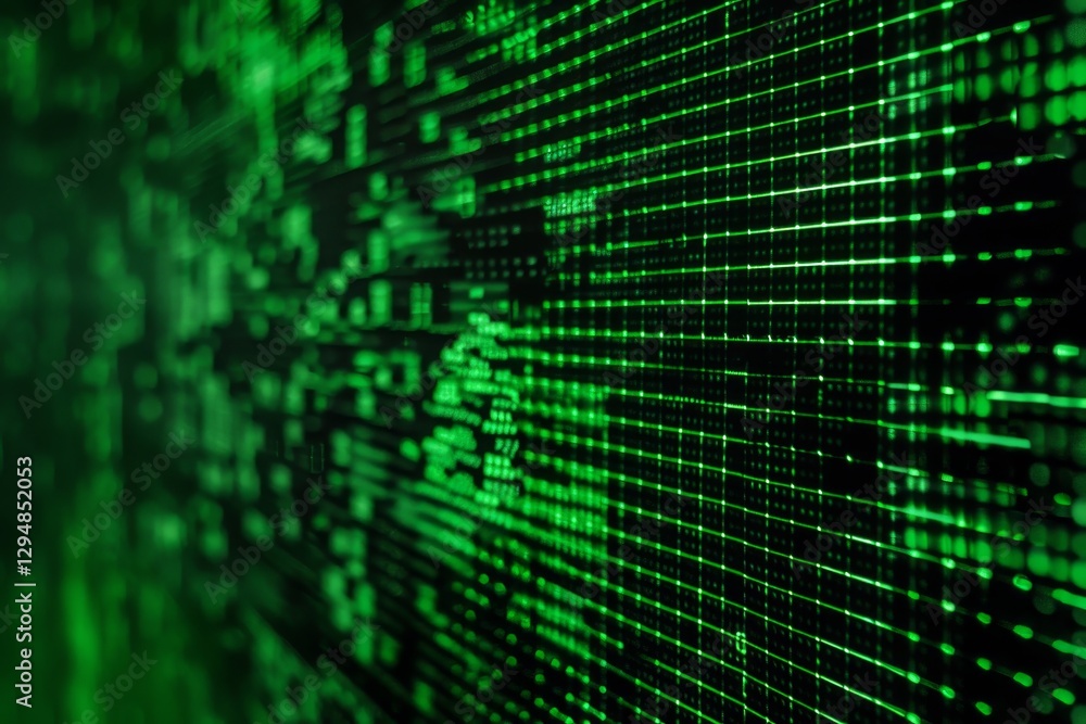 Aufkleber a close-up shot of a monochrome display with a green pixel grid pattern, flickering green and black 