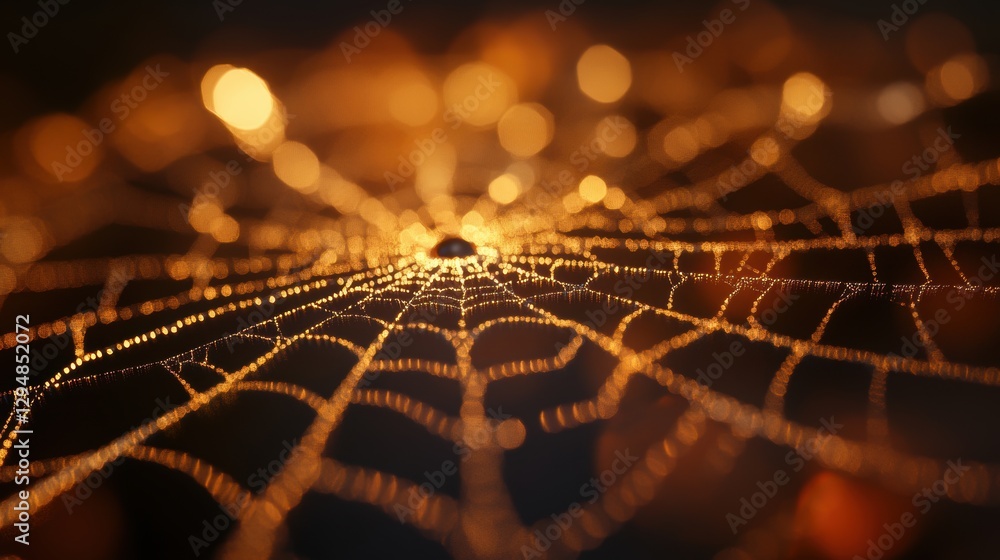 Wall mural beautiful spider web in wild field with dew in morning in spring.