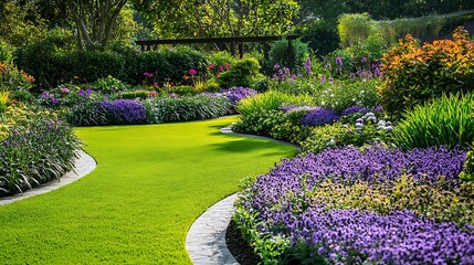 Obraz premium Manicured Garden Lawn Bordered by Colorful Flower Beds / 色とりどりの花壇に縁取られた手入れされた庭の芝生