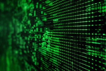 Obraz premium A close-up shot of a monochrome display with a green pixel grid pattern, Flickering green and black pixels on a monochrome monitor