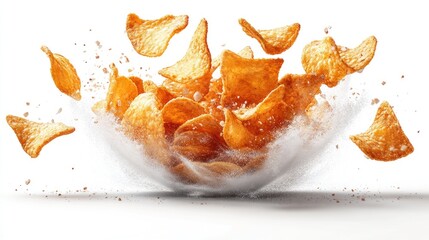 Crispy Chips Explode from Bowl on White Background