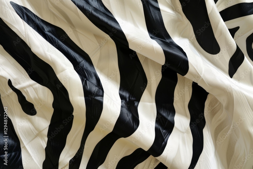 Poster a close-up image of a soft, white fabric with a black zebra print pattern, design a chic zebra print