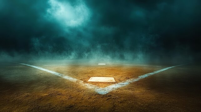 Mysterious baseball diamond illuminated against a moody atmospheric backdrop