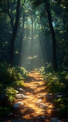 Obraz premium Illuminated golden forest pathway sunlight high resolution hd picture