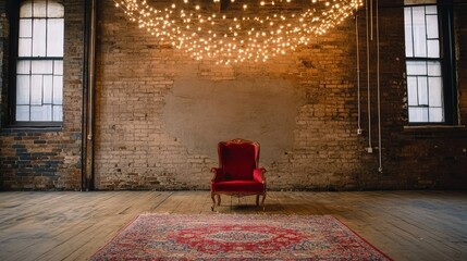 Ornate throne room with aged brick walls and warm ambient light strands