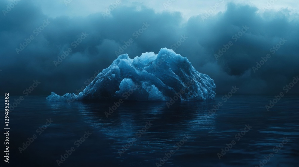 Poster melting iceberg floating in dark blue waters under a clear sky. generative ai