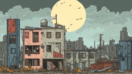 Pixelated wasteland, A post-apocalyptic urban landscape with remnants of life