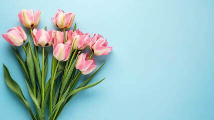 Fototapeta premium Bouquet of pink tulips with long green stems. Springtime celebrations.