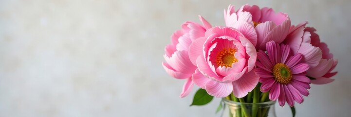 gorgeous pink peonies and gerbera daisies in a vase, fresh picked flowers,