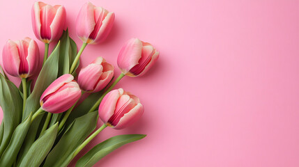 Fototapeta premium Bouquet of pink tulips with green leaves on a light pink background. Springtime celebrations.