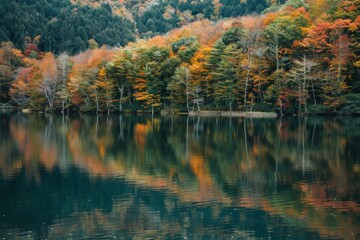 A serene lake reflecting the vibrant colors of autumn foliage, A peaceful lake reflecting the colors of fall