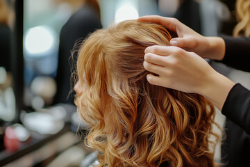 Naklejka premium Woman trying a hair wig in beauty salon. Hairdresser make trendy haircut and styling hair