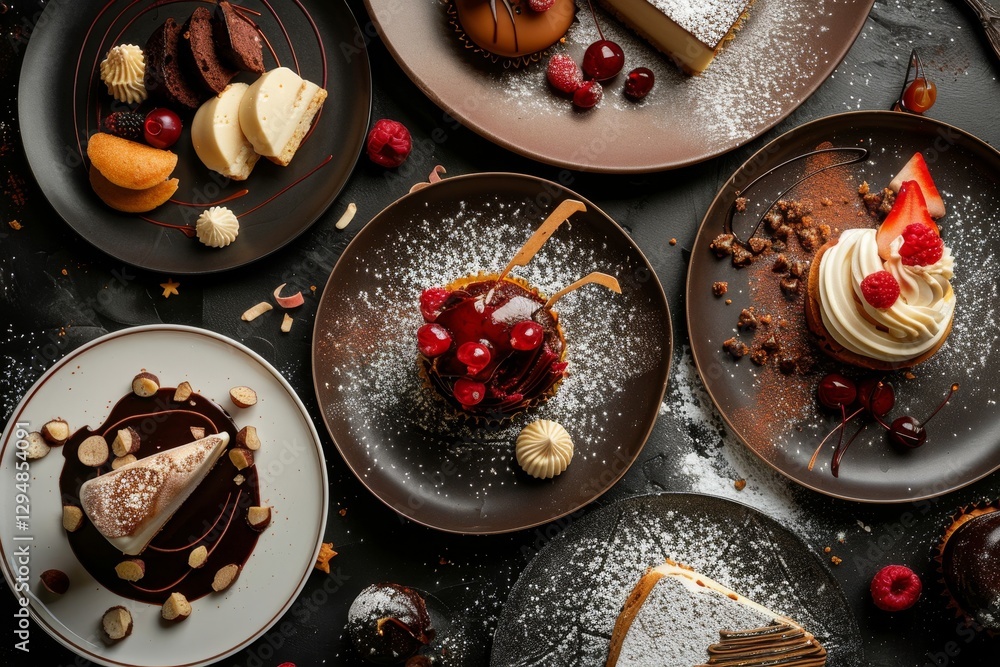Poster an overhead view of a dark table with multiple plates filled with delicious desserts, plates overflo
