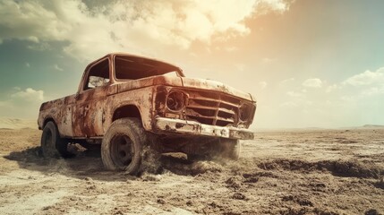 Rusting Relic, Abandoned Vintage Truck in a Desert Landscape at Sunset