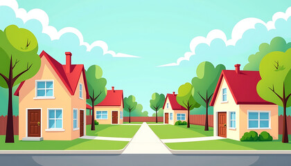 Naklejka premium Colorful cartoon neighborhood with houses and trees