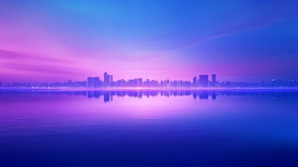 Fototapeta premium Serene cityscape reflection under a vibrant twilight skyline scene