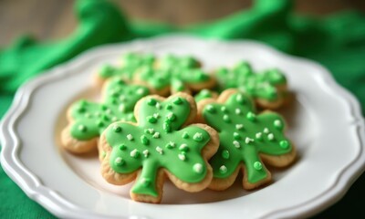 Plate of green shamrock biscuits. Symbol of the Irish St. Patrick Day
