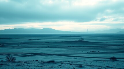 Obraz premium Serene expansive landscape featuring mountains and a monochrome palette