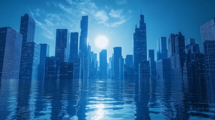 Fototapeta premium Serene cityscape reflected in calm waters under a bright, blue sky