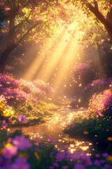 Naklejka premium Beautiful colorful wild flowers in deep foggy forest with sun light in Spring.