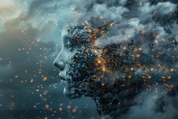 A surreal female face with a mystical light-filled landscape embedded, evoking wonder and mystery, A surreal representation of machine learning algorithms