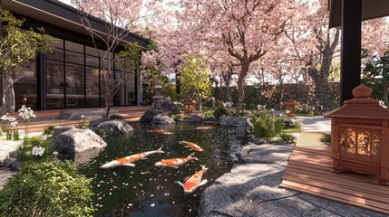 Serene japanese garden with koi pond and blooming cherry trees ambiance