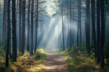 Obraz premium Serene pine forest showcasing towering trees, dense undergrowth, and a scenic winding narrow forest path