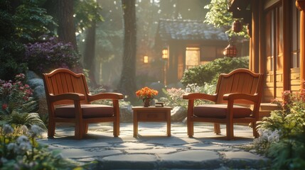 Fototapeta premium Serene outdoor seating area with wooden chairs and nature's charm
