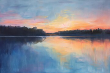 Fototapeta premium A peaceful sunset scene over a still lake, with soft pink, orange, and blue tones, A serene sunset over a tranquil lake, with soft pastel hues reflecting on the water