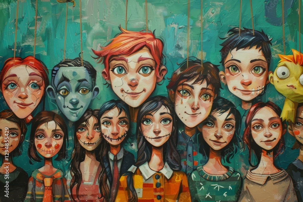 Poster drawing with diverse people on strings against a colorful background, showcase the different roles a