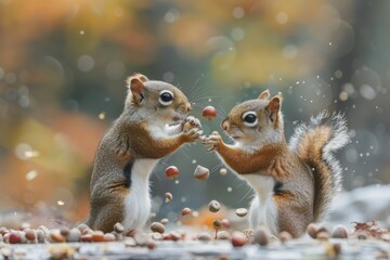 Obraz premium Two squirrels gather acorns in a forest during autumn, Squirrels gathering acorns for winter